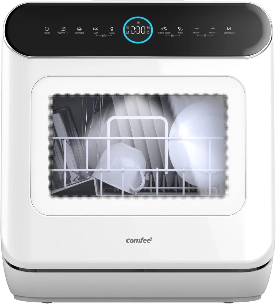 COMFEE Mini Plus Dishwasher TD305-W Compact Table Top Dishwasher with 3 Place Settings, 7 Programmes, Touch Control, LED Display, Delay Start and Off-peak Wash Function - White