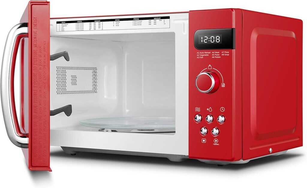 COMFEE Retro Style 800w 20L Microwave Oven with 8 Auto Menus, 5 Cooking Power Levels, and Express Cook Button - Passionate Red - CM-M202RAF(RD)