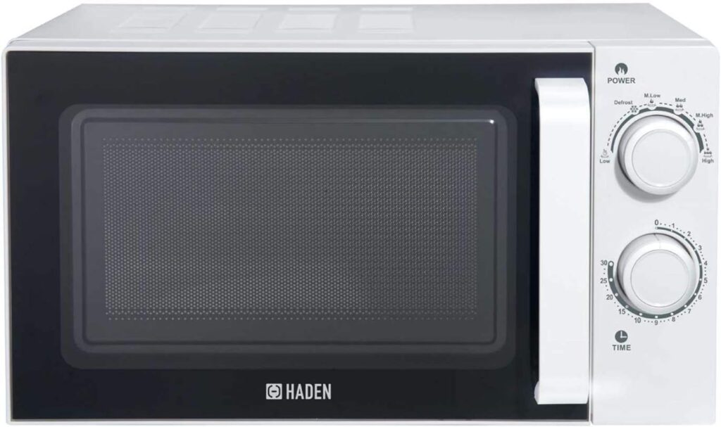 Haden 20L Microwave Oven With Stainless Steel Interior - White, 700W with 6 Power Levels, 30min Timer, Defrost Function, and Turntable Glass - Easy To Clean - Freestanding