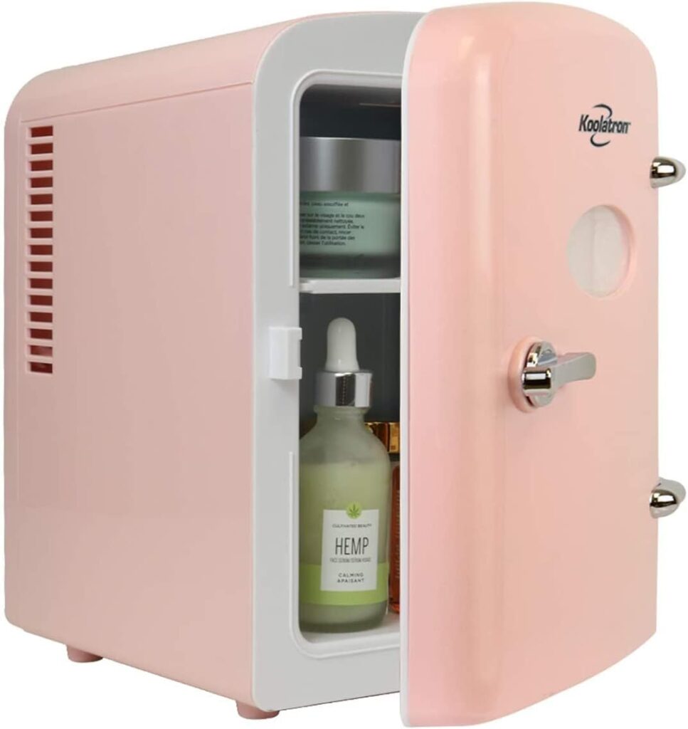Koolatron Retro 4L 6 Can Portable Mini Fridge Compact Refrigerator for Bedroom Skincare Cosmetic Beauty Personal Cooler 12V and AC Cords, Desktop Accessory for Home Office Car Travel (Pink)