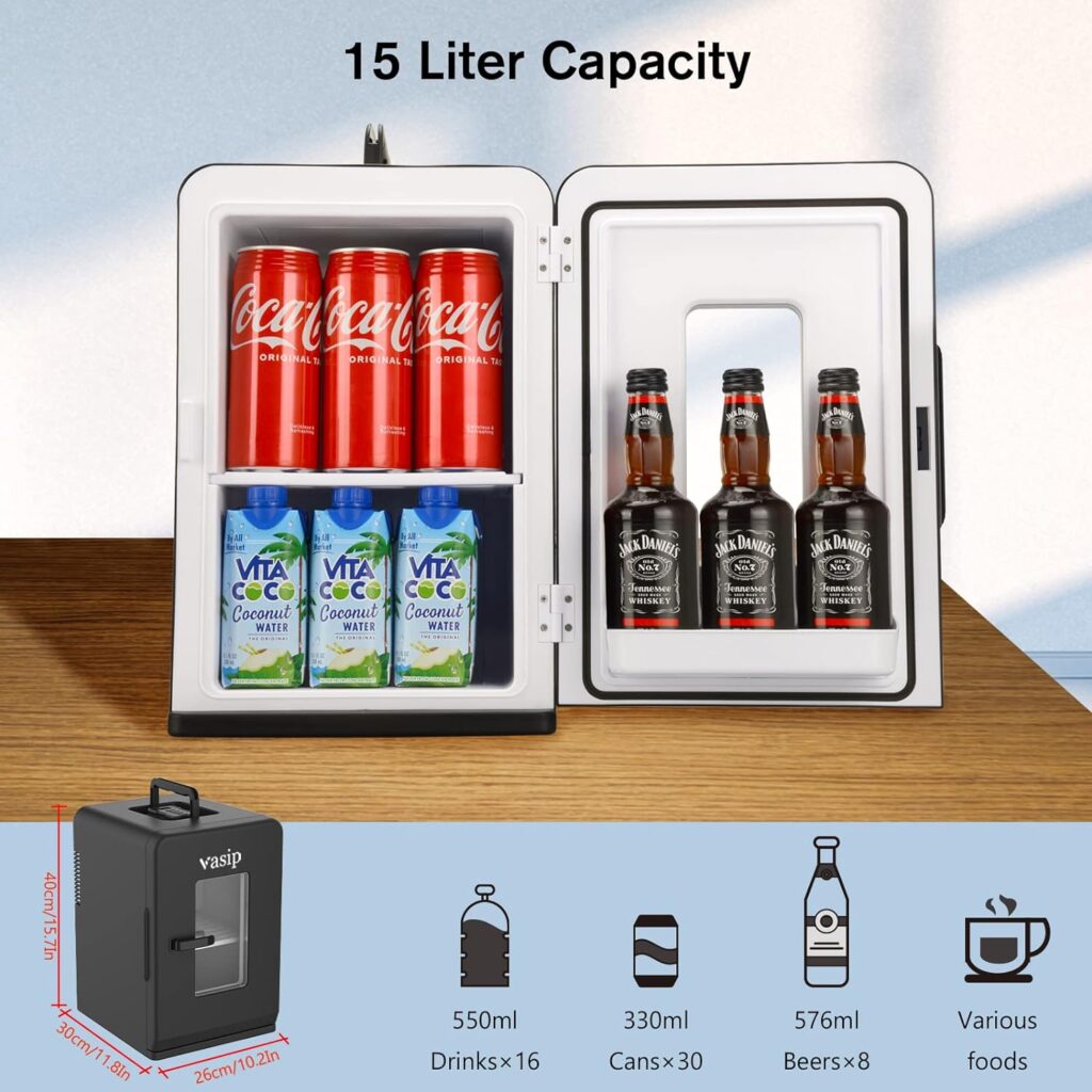 Mini Fridge 15 Liter/21 Cans, Small Drink Fridge Portable for Bedroom or Car (AC/DC), Thermoelectric Refrigerator for Skincare Beauty, Cooler Warmer with ECO Quiet Mode