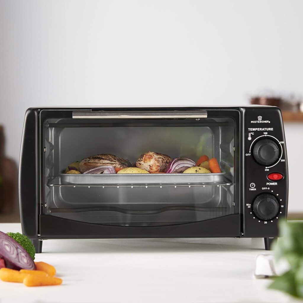 MisterChef 10 Litre Electric Portable Table Top Mini Oven, Temperatures up to 250°C, 30 minute Timer Auto Shut Off, 800W, Black - Free 2 Year Warranty, Free Recipe Booklet [Energy Class A+++]