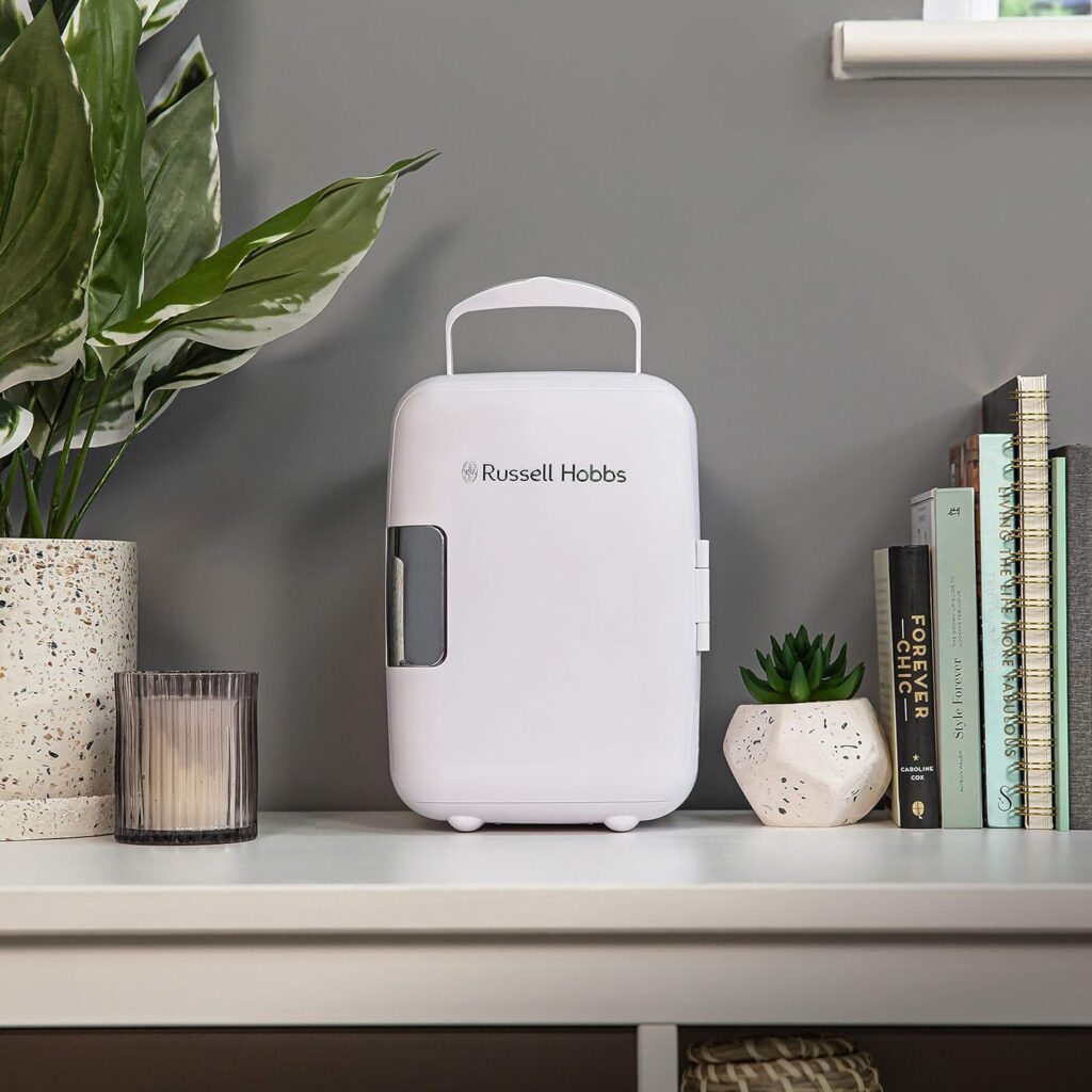 Russell Hobbs Mini Fridge RH4CLR1001 4L/6 Can Portable Mini Cooler Warmer for Drinks, Cosmetics/Makeup/Skincare, AC/DC Power, Retro Style, White, For Bedroom, Home, Caravan, Car