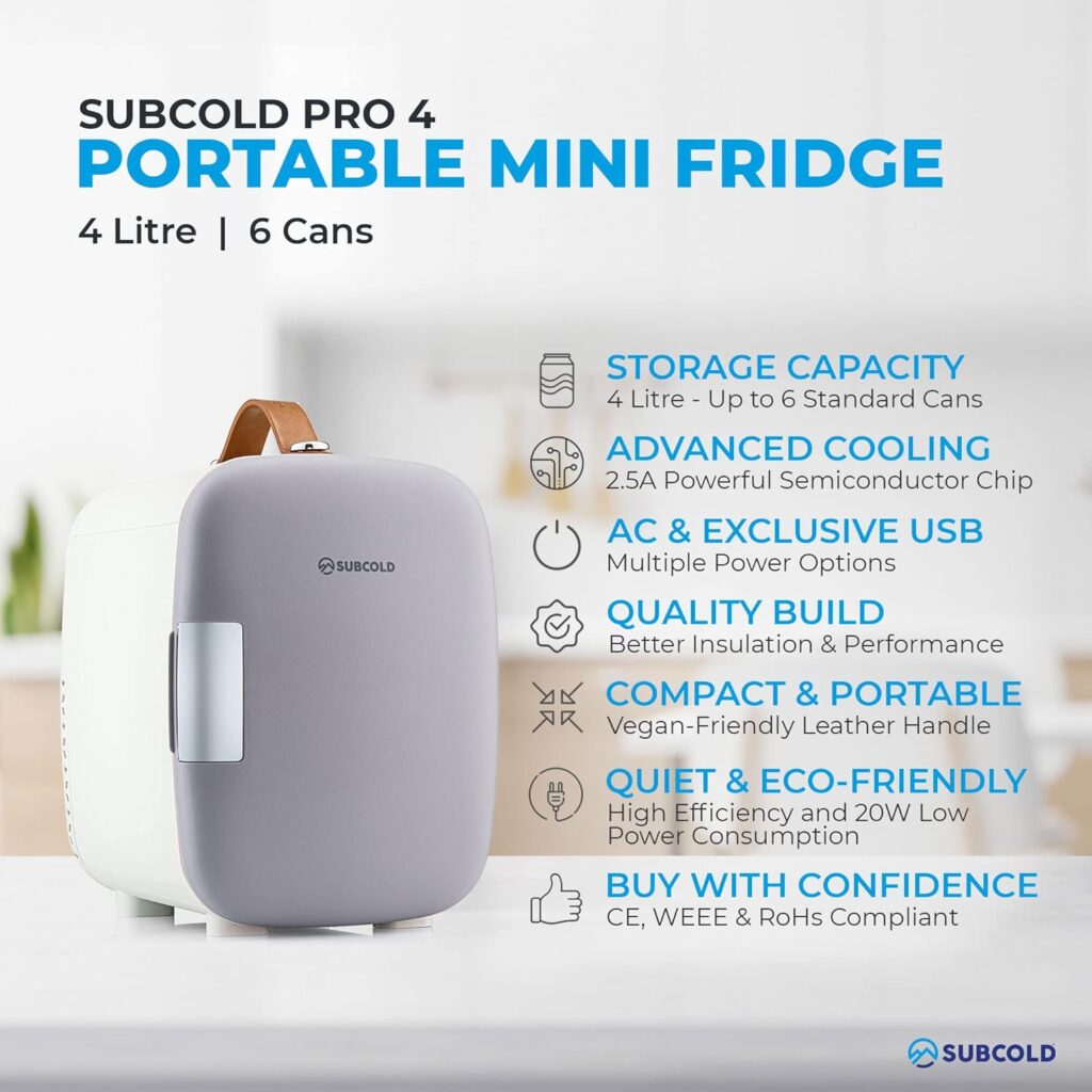 Subcold Pro4 Luxury Mini Fridge Cooler | 4 Litre / 6 Cans | AC and Exclusive USB Power Option | Portable Small Fridge for the Office, Bedroom, Car, Travel, Skincare Cosmetics (Grey)