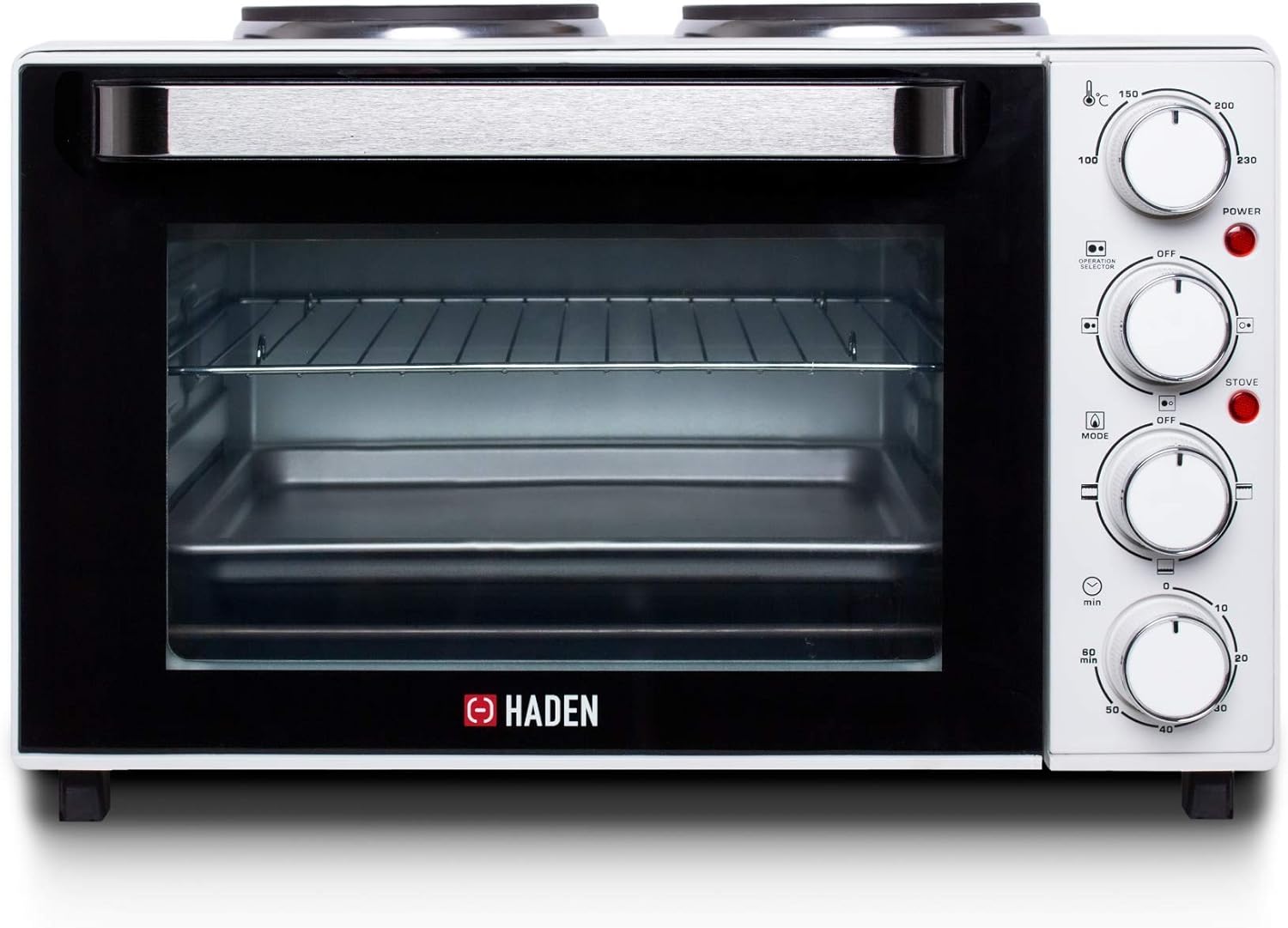 All-in-One Mini Oven with Hob: Our 25L Haden electric mini oven with a built-in grill and hob offers versatile cooking, from baking to roasting, on any countertop or table top.