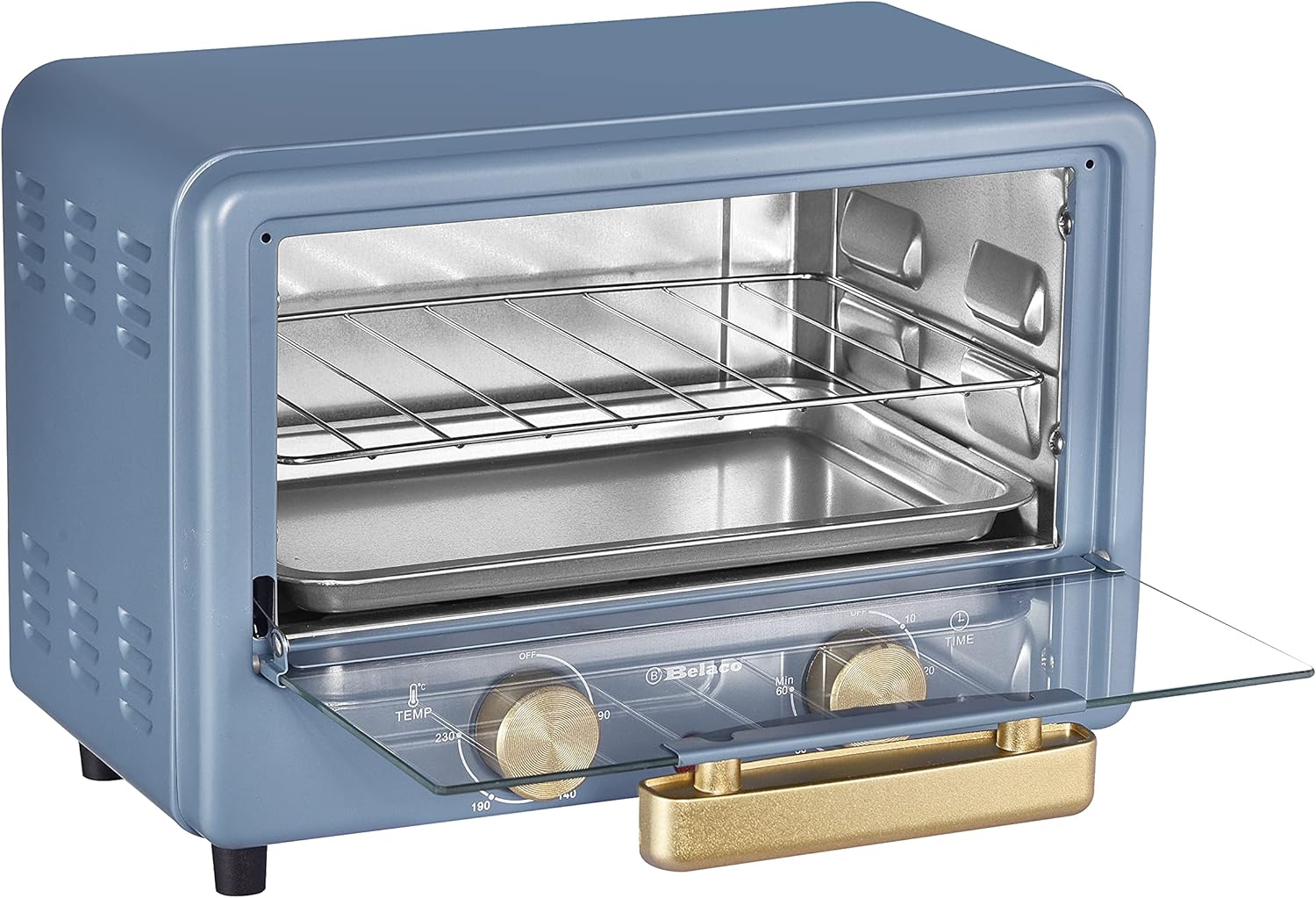 Belaco BTO-1010L Retro look Mini 10L Toaster Oven Tabletop Cooking Baking Portable Oven 750w 60 min Timer 100-230° Stainless Steel Heating Tube incl. Baking Tray Wire Rack [Energy Class A+]