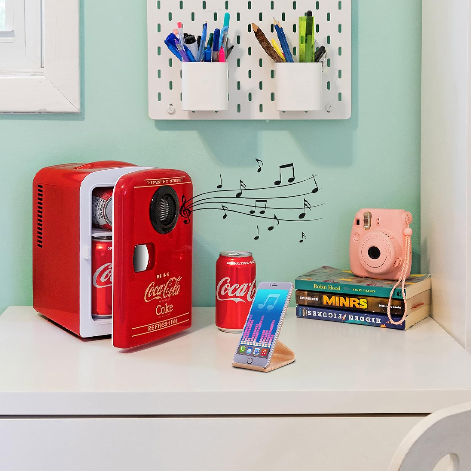 Coca Cola 4L Portable Mini Fridge Cooler/Warmer with Bluetooth Speaker, Compact Personal Refrigerator with Built-In Wireless Speaker,12V and AC Cords, Cute Desk Accessory for Home Office Dorm, Red [Energy Class A]