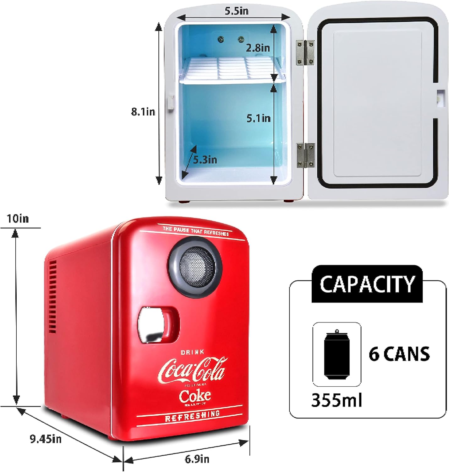 Coca Cola 4L Portable Mini Fridge Cooler/Warmer with Bluetooth Speaker, Compact Personal Refrigerator with Built-In Wireless Speaker,12V and AC Cords, Cute Desk Accessory for Home Office Dorm, Red [Energy Class A]