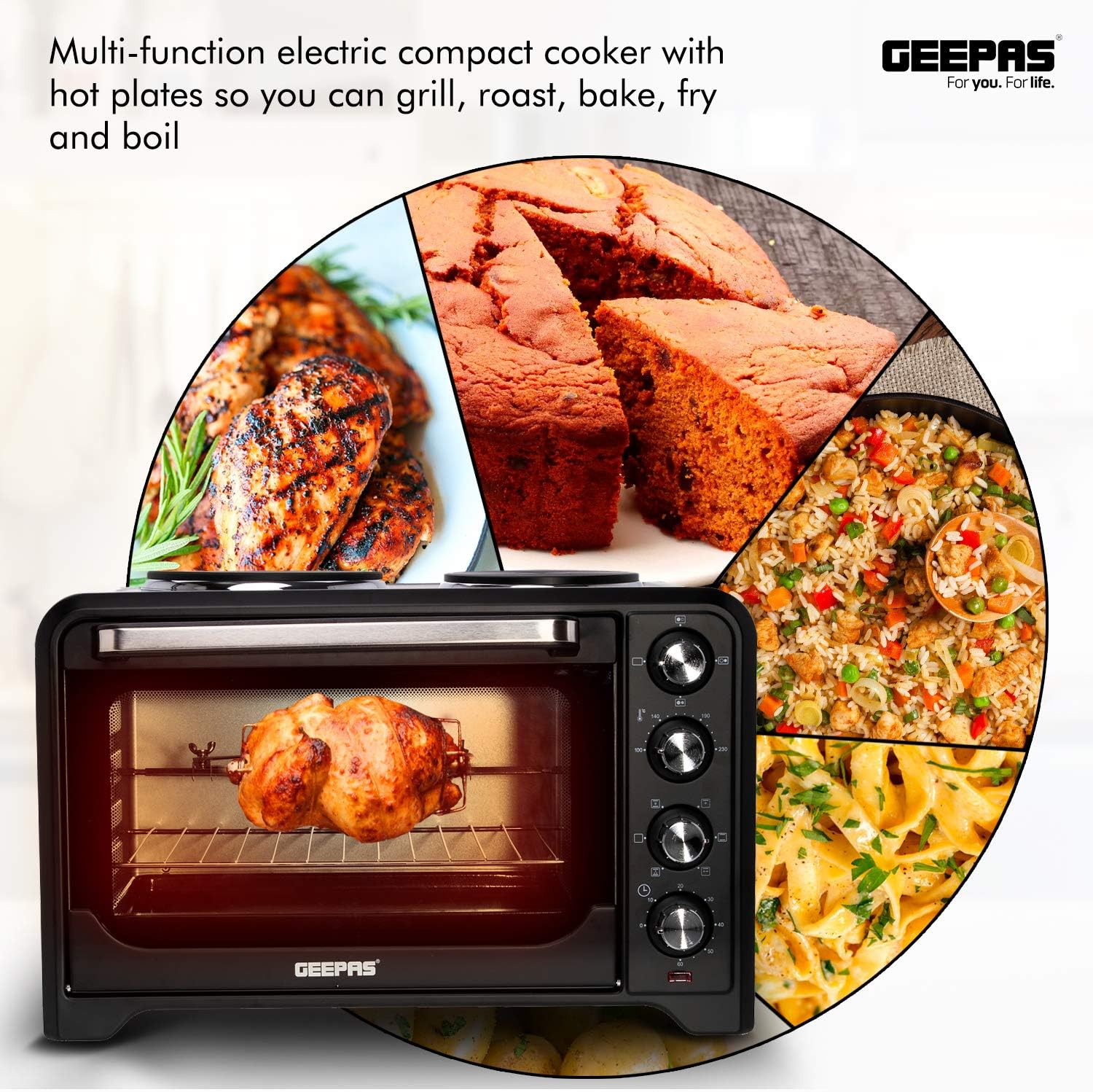 Geepas 38L Mini Oven Grill with Double Hotplate | 1600W 60 Minutes Timer | Rotisserie Function 6 Selectors for Baking Grilling | 5 Accessories Included Convection Function – 2 Years Warranty [Energy Class A+]