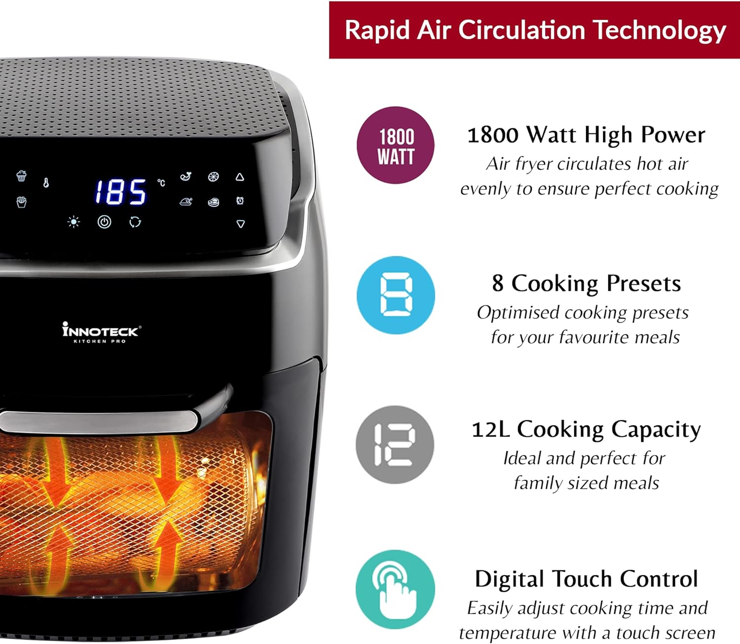 Innoteck 12L Digital Air Fryer Oven with Rotisserie Smart Cooker for Air Frying Roast Dehydrate Fry Bake Reheat Kitchen Pro – Multifunctional - Black Silver - DS-5127