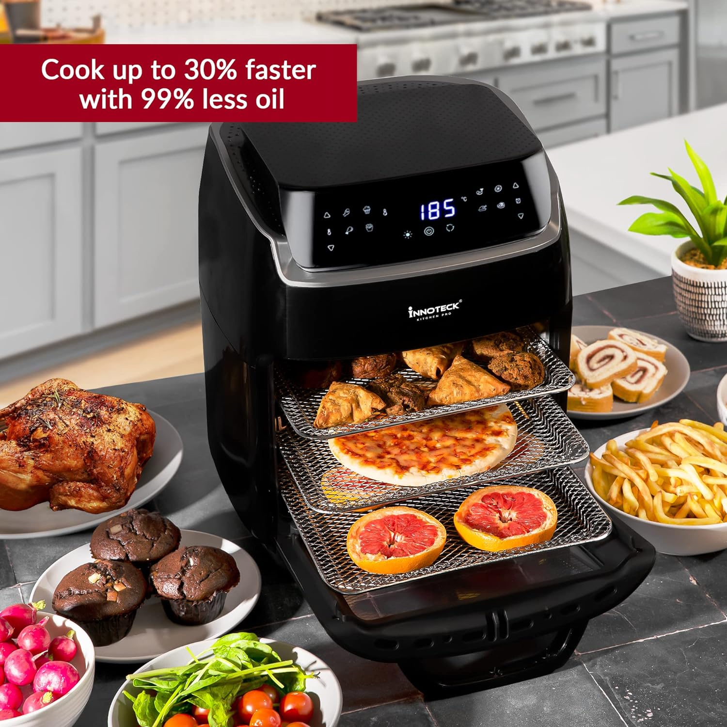 Innoteck 12L Digital Air Fryer Oven with Rotisserie Smart Cooker for Air Frying Roast Dehydrate Fry Bake Reheat Kitchen Pro – Multifunctional - Black Silver - DS-5127