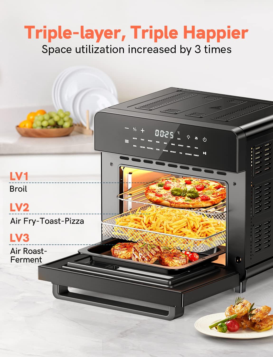 Involly 18 in 1 Air Fryer Oven, 15L Countertop Convection Mini Oven, Digital Table-top Air Fryers Toaster Oven, Compact Electric Pizza Oven, Roast, Bake, Grill and Dehydrate, Stainless Steel, 1600W