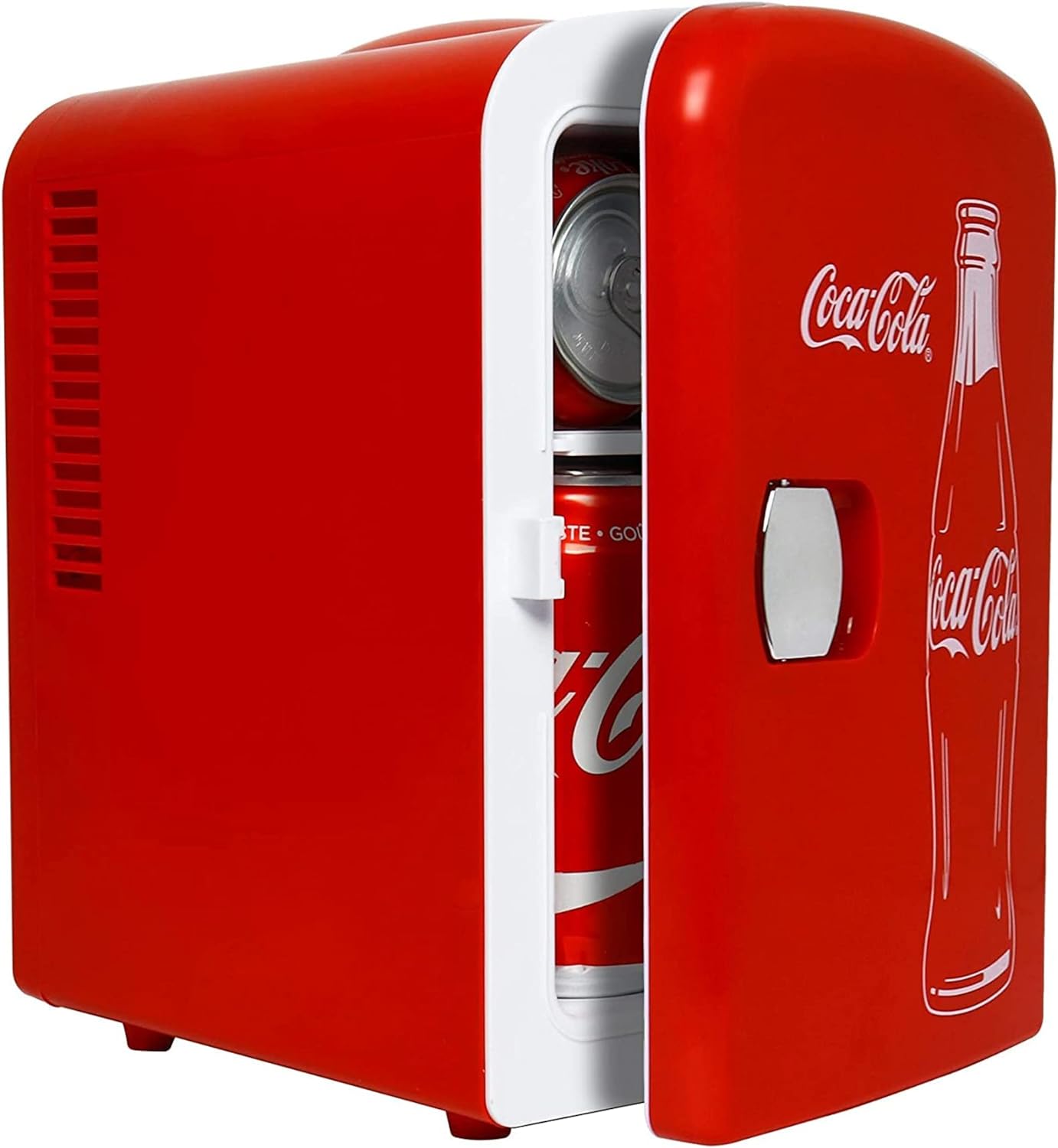 Koolatron Coca Cola Mini Fridge 4 L/6 Can Portable Cooler Refrigerator for Food Beverages Drinks Skincare Snacks Home Bedroom Office Dorm Travel Car Boat, AC DC Plugs Included, Red Coke Bottle [Energy Class A]