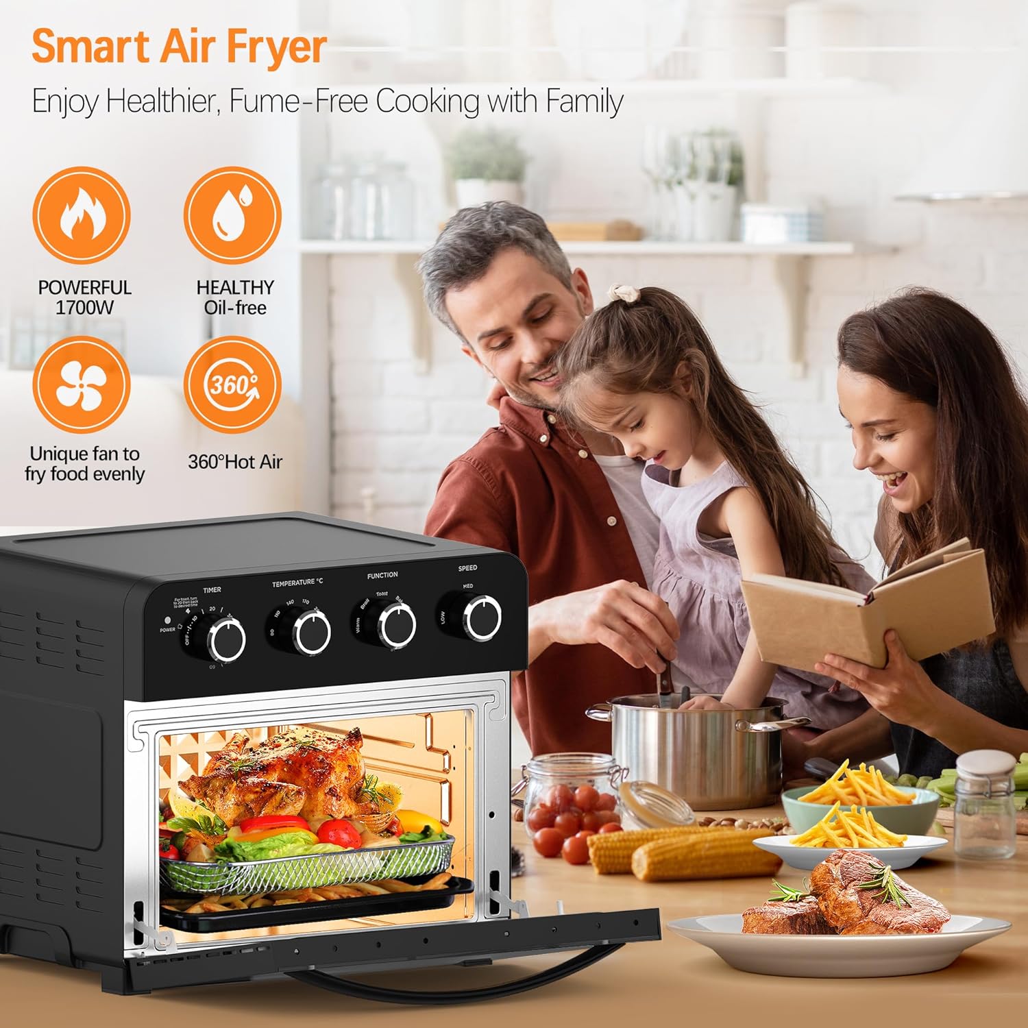 Large Air Fryer Oven 23L Multi-function Mini Oven, Countertop Convection Oven with Rotisserie, airfryer with 4 Knobs Easy to Operation, Oil-Less Cooking, 6 Accessories with 100 Recipess, 1700W