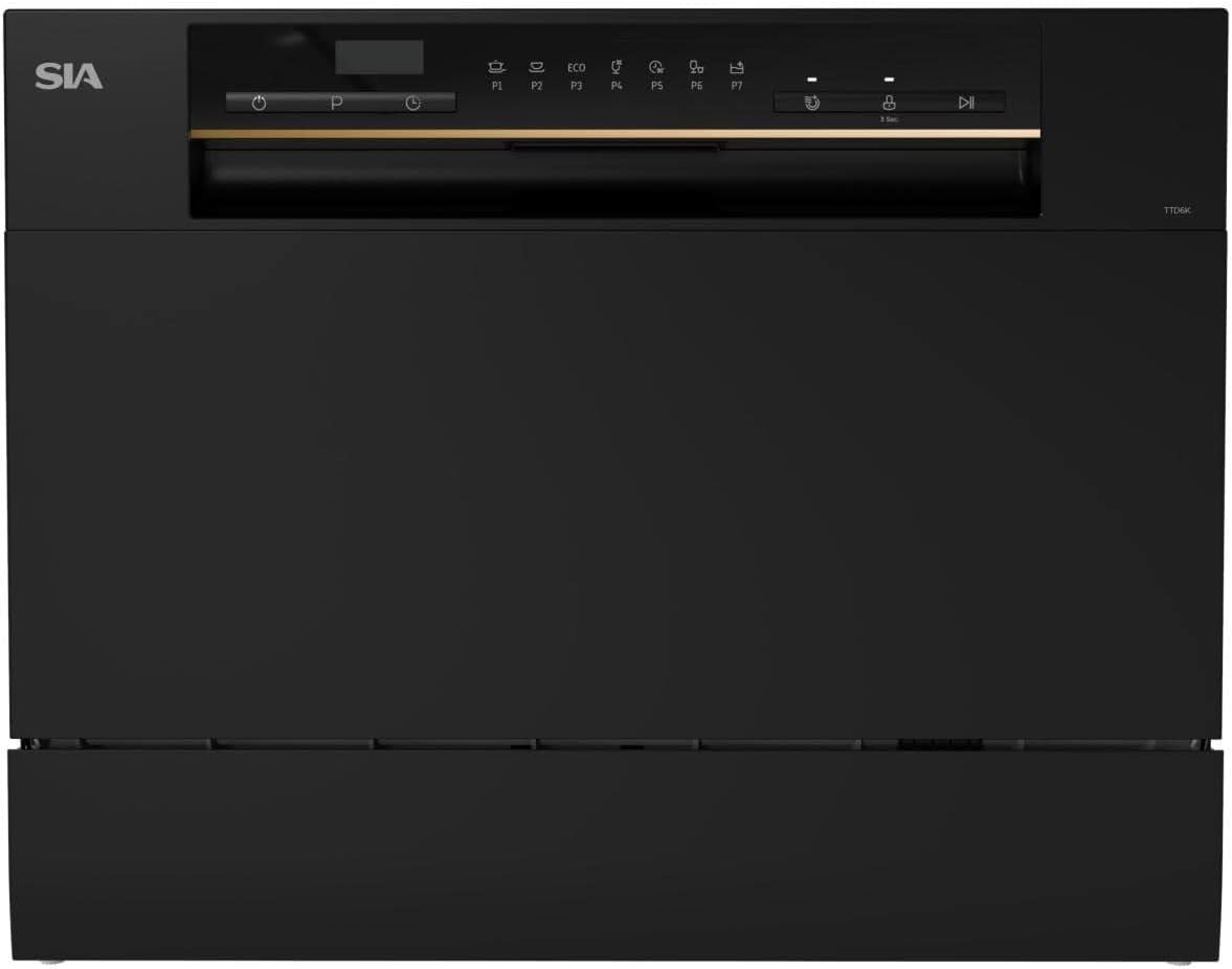 Table Top Dishwasher In Black, 6 Places 6 Programmes LED Display 24 Hour Delay Start W55 x D50 x H43.8cm - SIA TTD6K