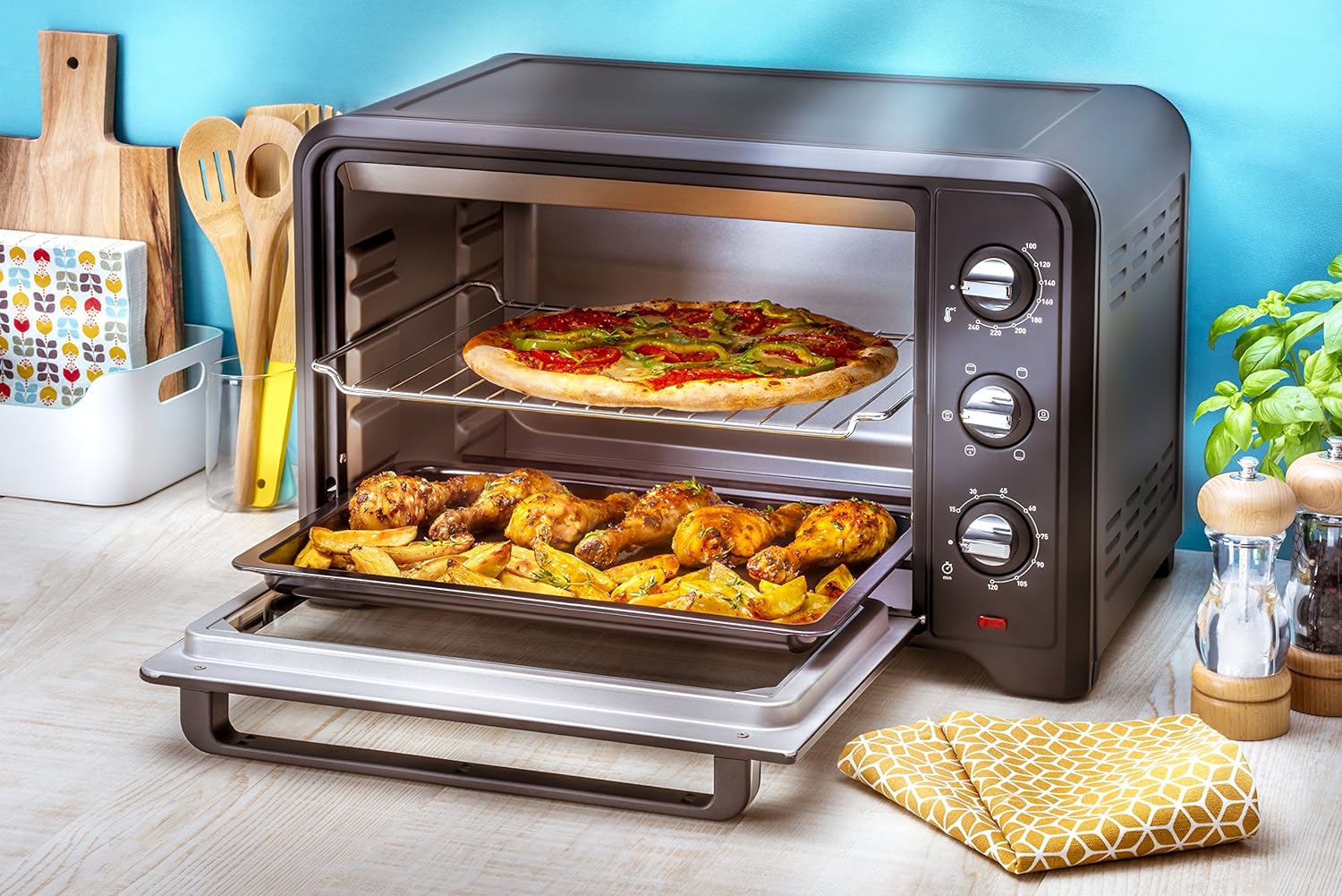 Tefal OF445840 Optimo Mini Oven, 19 Litre Capacity, With Rotisserie, Stainless Steel, Black, 1380W, 46.2 x 31.8 x 22.8 cm
