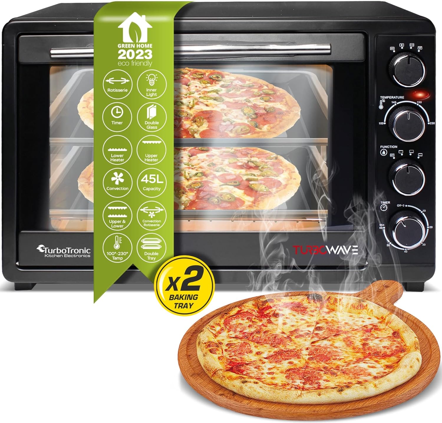 TurboTronic TT-EV45-Counter Top Oven with Circulation Air 45 L Black 2000 W Rotisserie Timer Mini Oven Pizza Oven 2 Baking Trays Grill