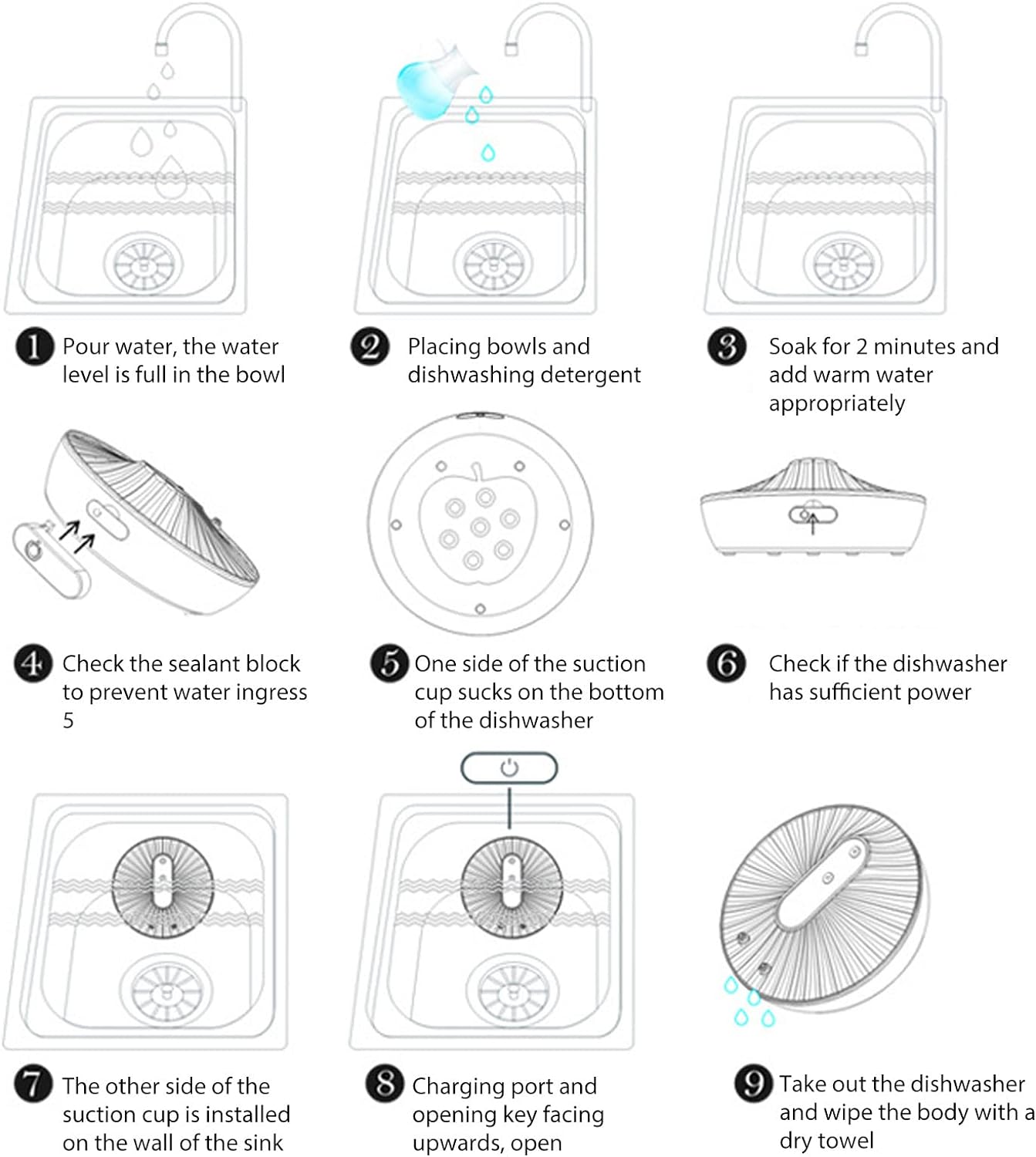 Mini Ultrasonic Dishwasher, USB Portable Kitchen Dish Washing Machine Cleaner, 12W Household Multifunctional Mini Dishwasher, Installation Free for Trip, Apartment, Home, Dorm, RV