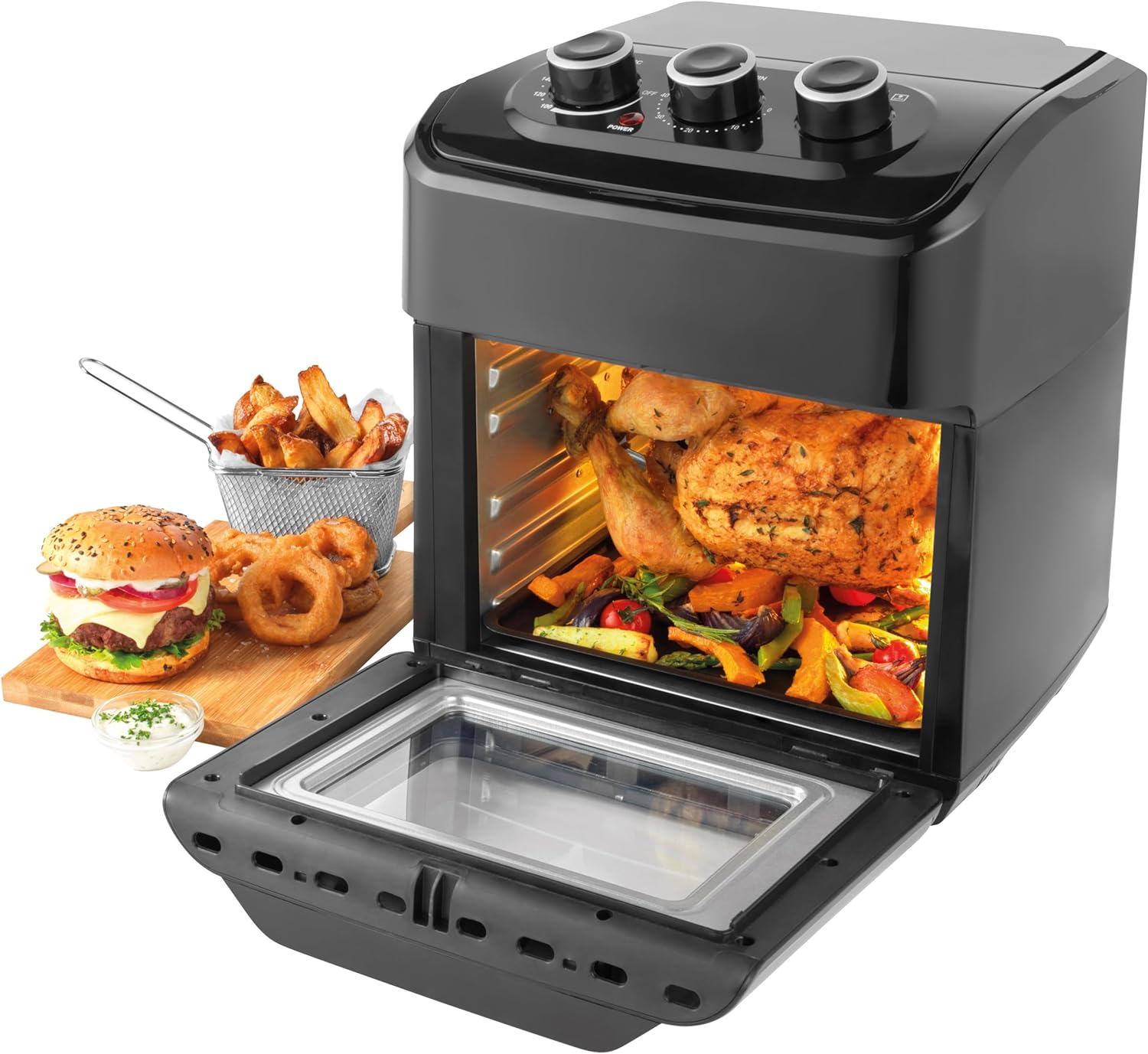 Salter EK5603 XL Air Fryer Oven – Air Fry, Roast, Rotisserie, Toast Bake, 12 L, No Preheating Needed, Includes 3 Cooking Racks Rotisserie Accessories, 3 Dial Control, 60 Minute Timer, 1800W